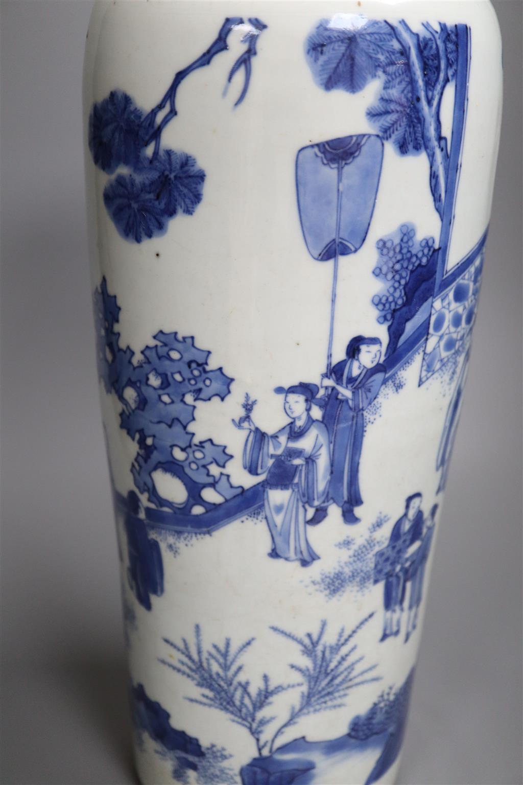 A Chinese Transitional blue and white sleeve vase, c.1640, 40cm high